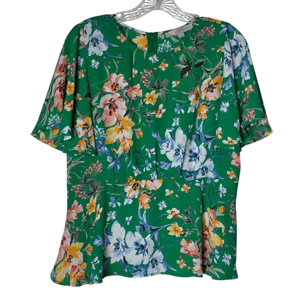 LOFT Green Floral Flutter Sleeve Peplum Blouse Size 2 Short Sleeve Top